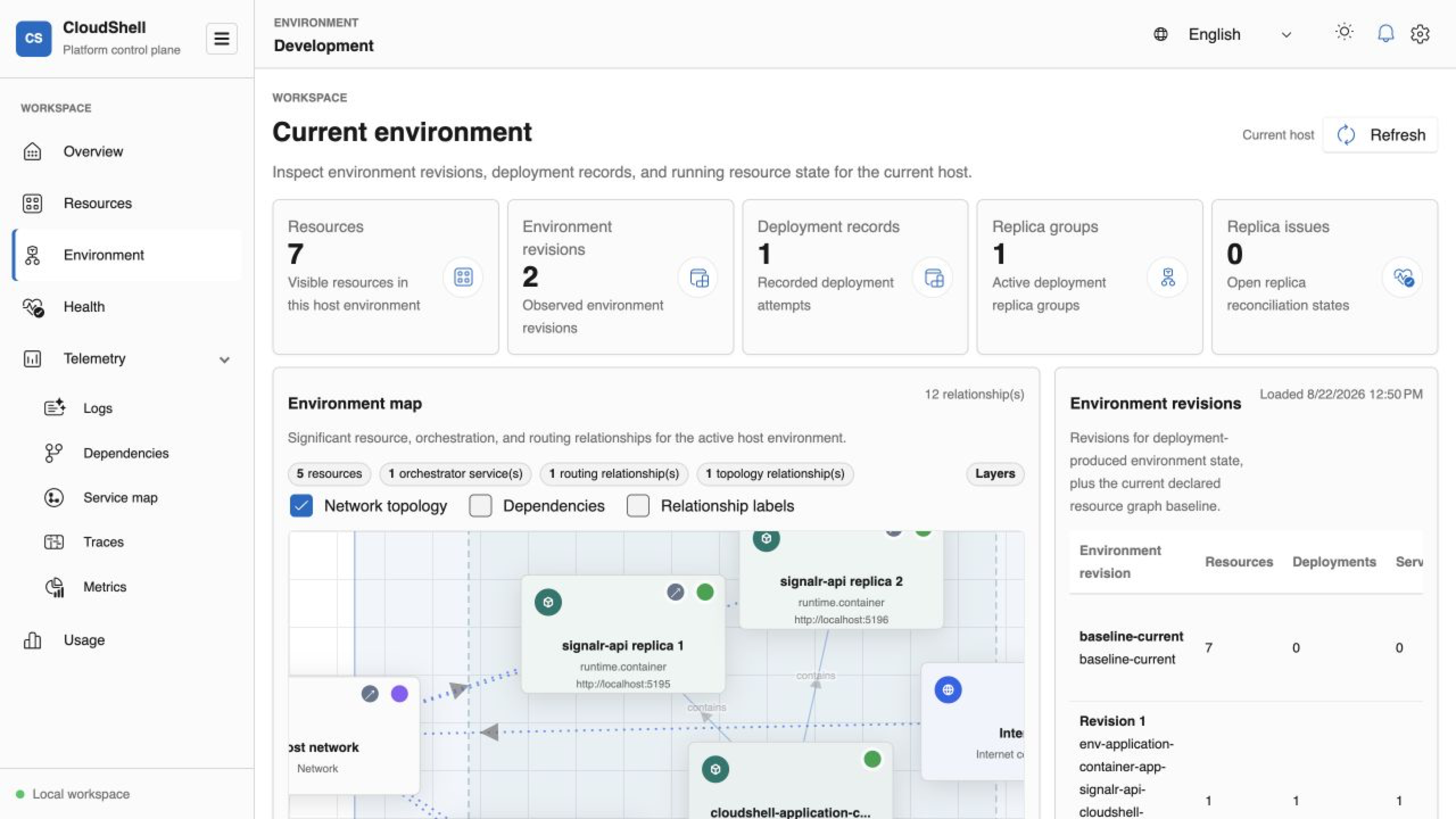 CloudShell environment map showing a container app, its replica group, and three running replicas